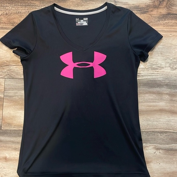 Under Armour Dri Fit Performance V Neck Short Sleeve Tee Pink Black Womens Small - Picture 1 of 2